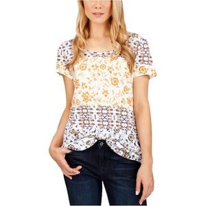 Lucky Brand Women Linen Top Medium White Floral Medallion Boho Peasant Festival